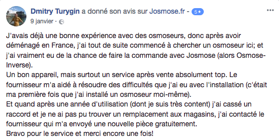 Avis d'un utilisateur d'osmoseur sur Facebook