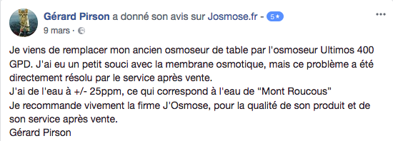 Avis d'un utilisateur d'osmoseur sur Facebook