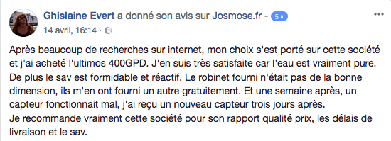 Avis d'un utilisateur d'osmoseur sur Facebook