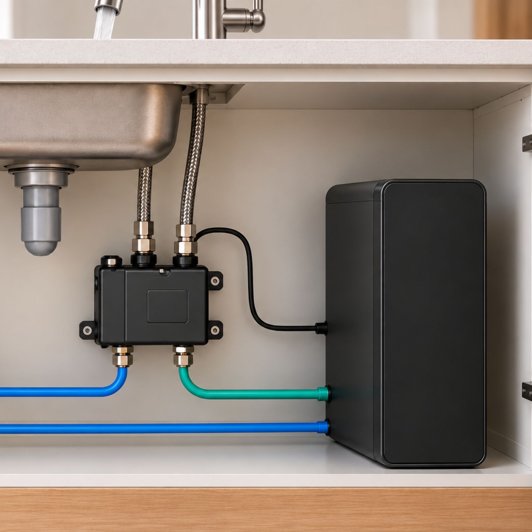 AquaTouch control unit installed under a sink with an RO system